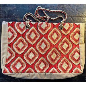 Chico’s Red Geometric Embroidered Chain Tote Bag
